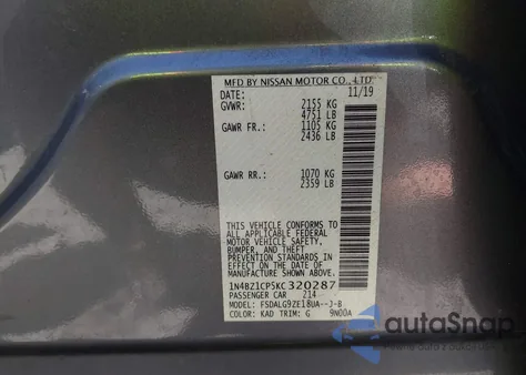 2019 Nissan Leaf Sl Plus из США, поврежденный, VIN 1N4BZ1CP5KC320287